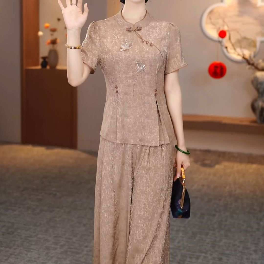 2026夏季新款修身显瘦遮肚子两件套高档冰丝缎新中式精致礼服套装