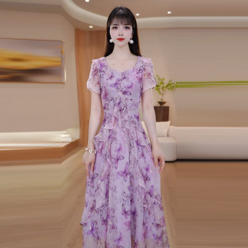 2026新款夏季时尚方领妈妈装中长款漂亮裙子蝴蝶印花短袖连衣裙女