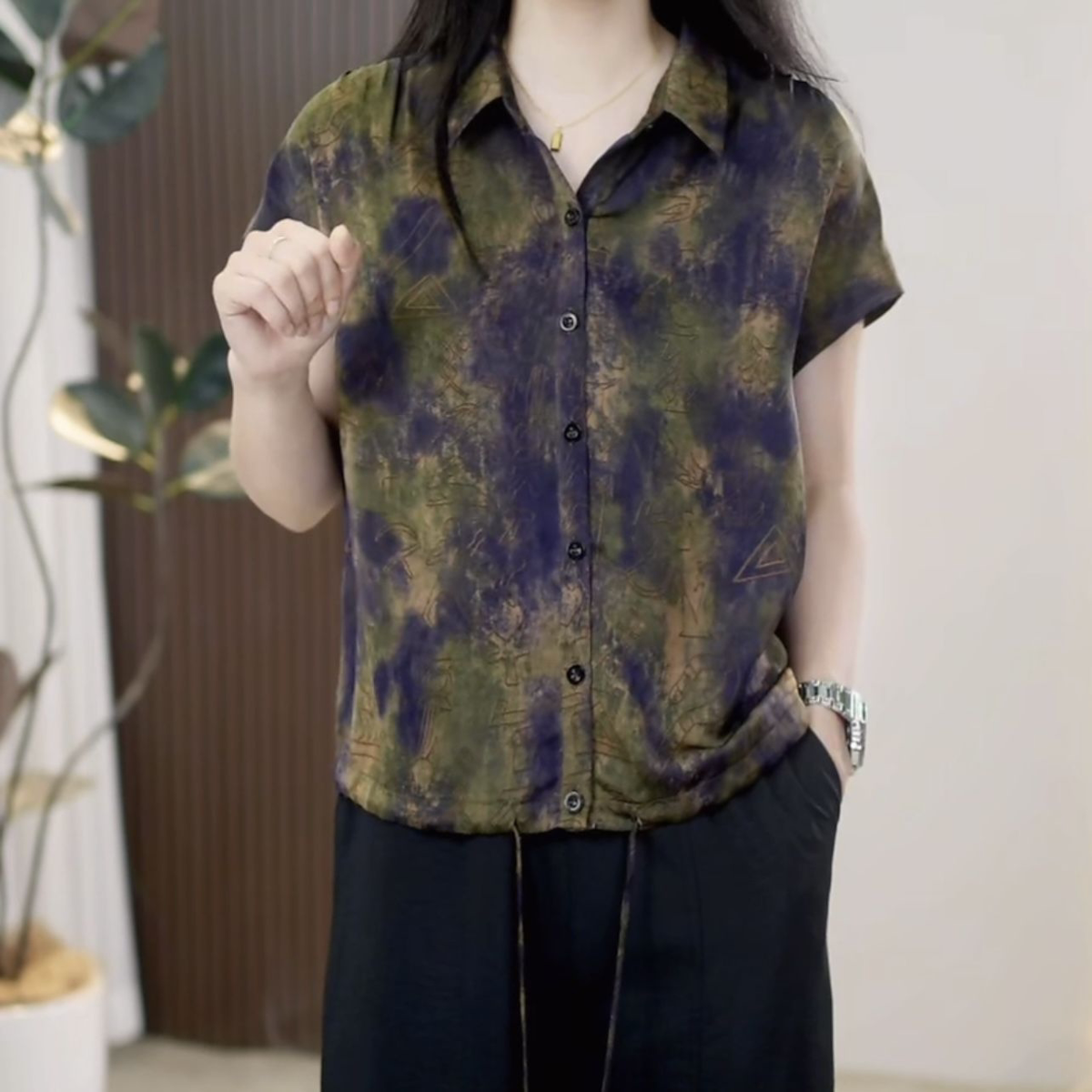 2026夏季宽松遮肉通勤轻薄上衣复古晕染短袖大码衬衫显瘦百搭女