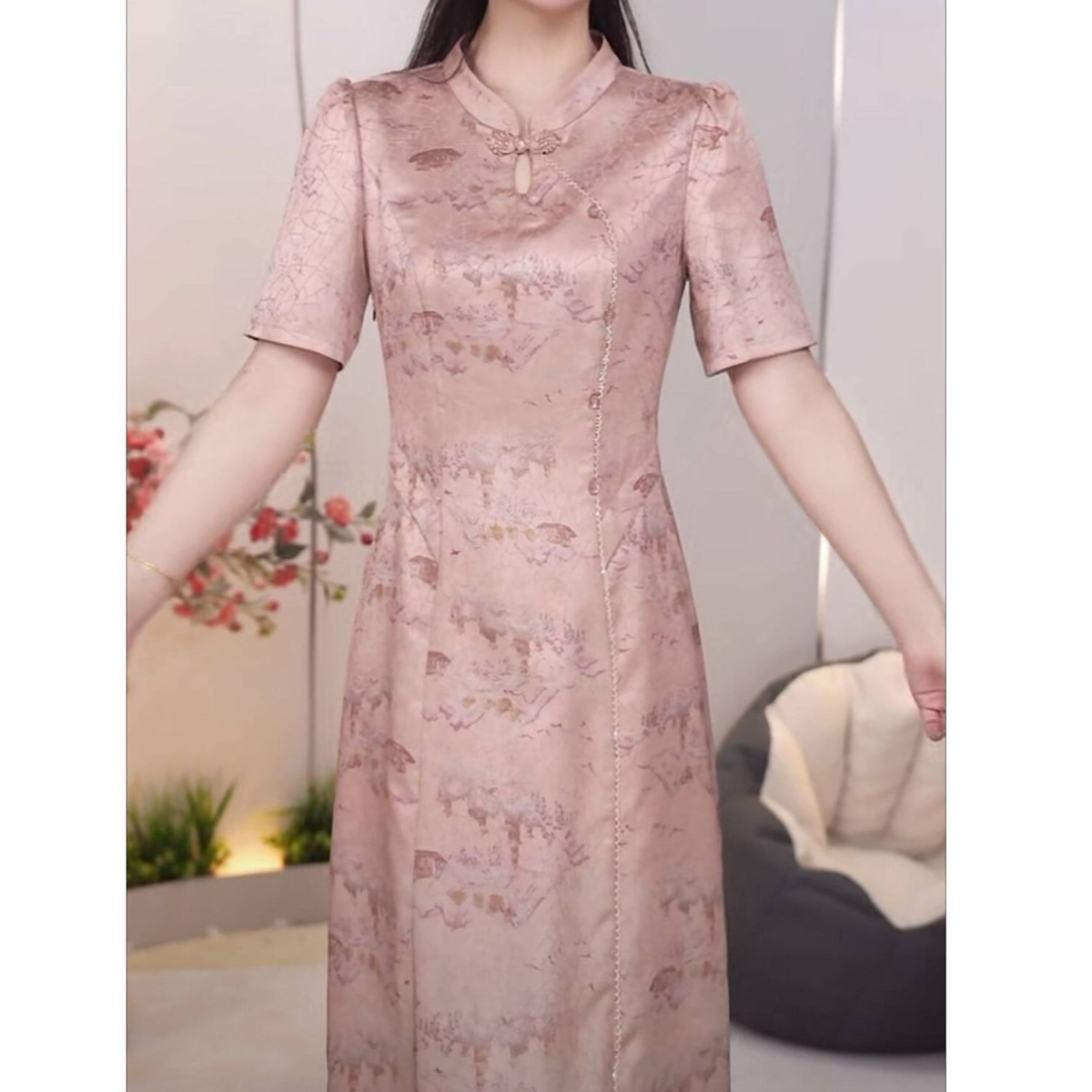 高级贡缎提花连衣裙国风改良版旗袍夏季新款精品改良气质连衣裙