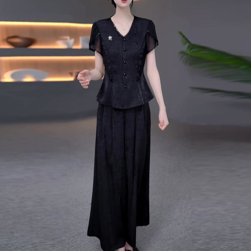 2026夏新款女士时尚显瘦减龄阔腿裤两件套优雅气质温婉开衫套装女