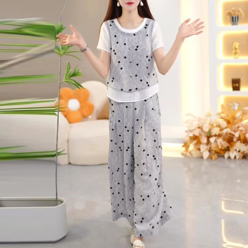 2026新款时尚休闲套装女夏宽松气质轻薄款妈妈装小衫阔腿裤两件套