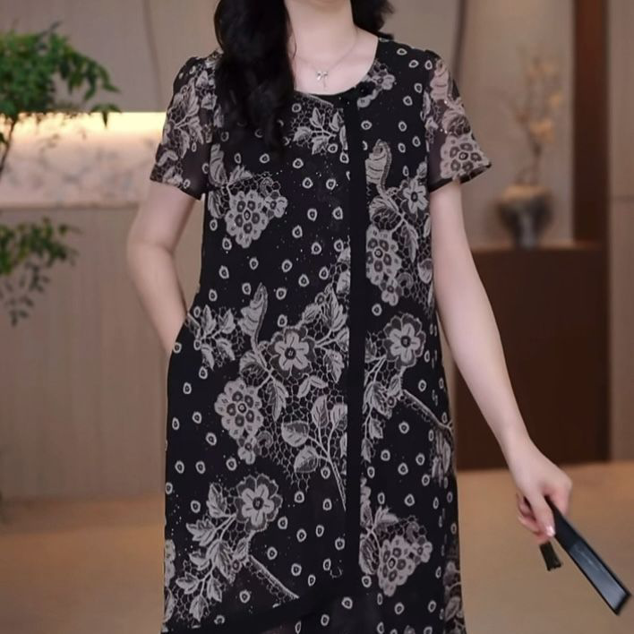 2026夏季新款时尚洋气遮肉显瘦连衣裙高档冰竹丝大码假两件礼服裙