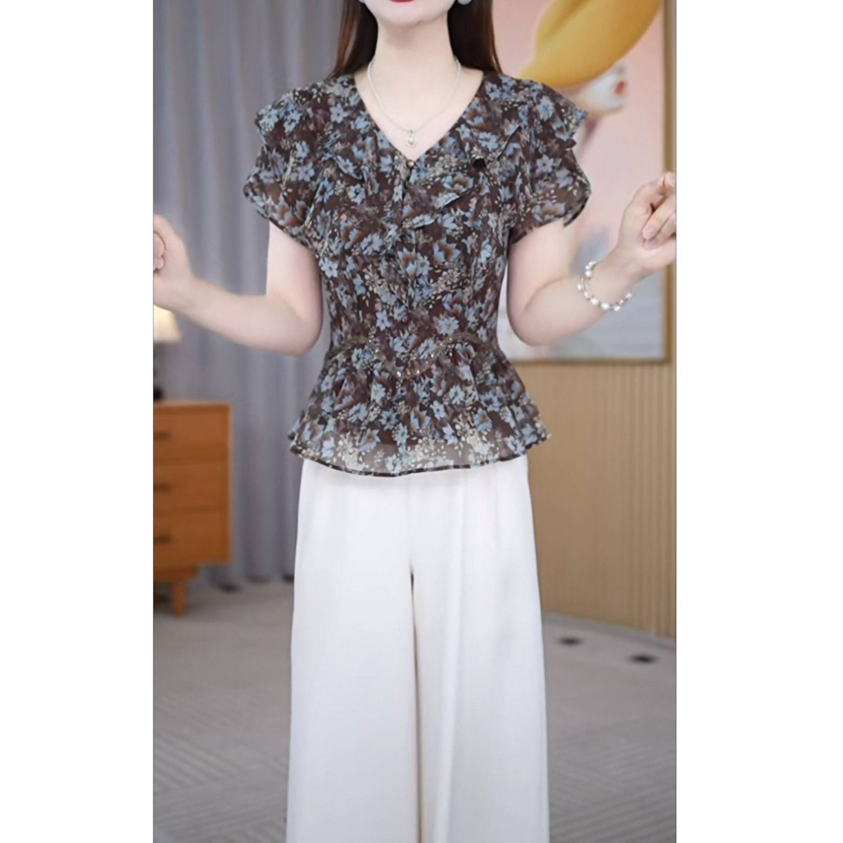 2026年夏季高端女装新款短袖碎花雪纺上衣+裤子休闲两件套装M-4XL