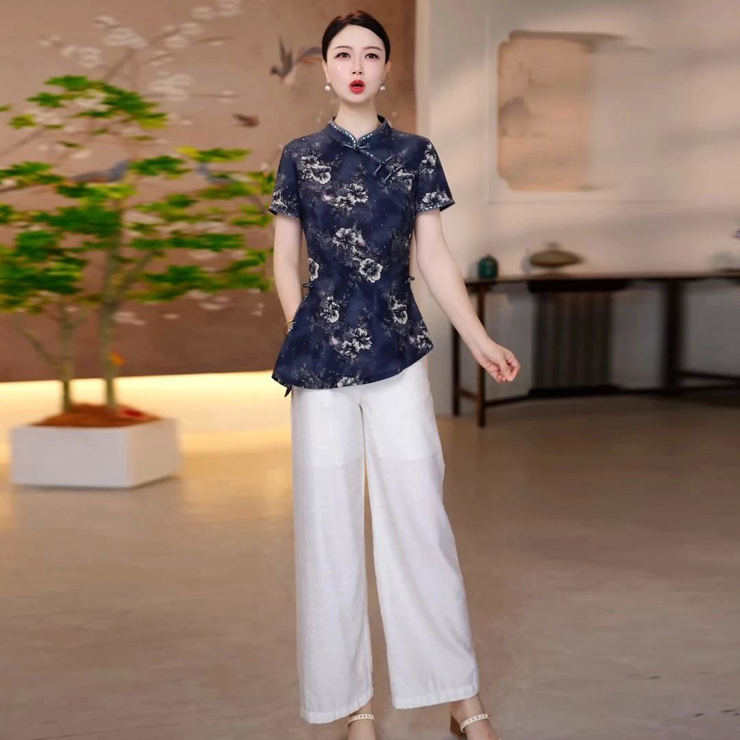 2026夏季新款中年妈妈显瘦阔腿裤两件套新中式短袖立领印花套装女
