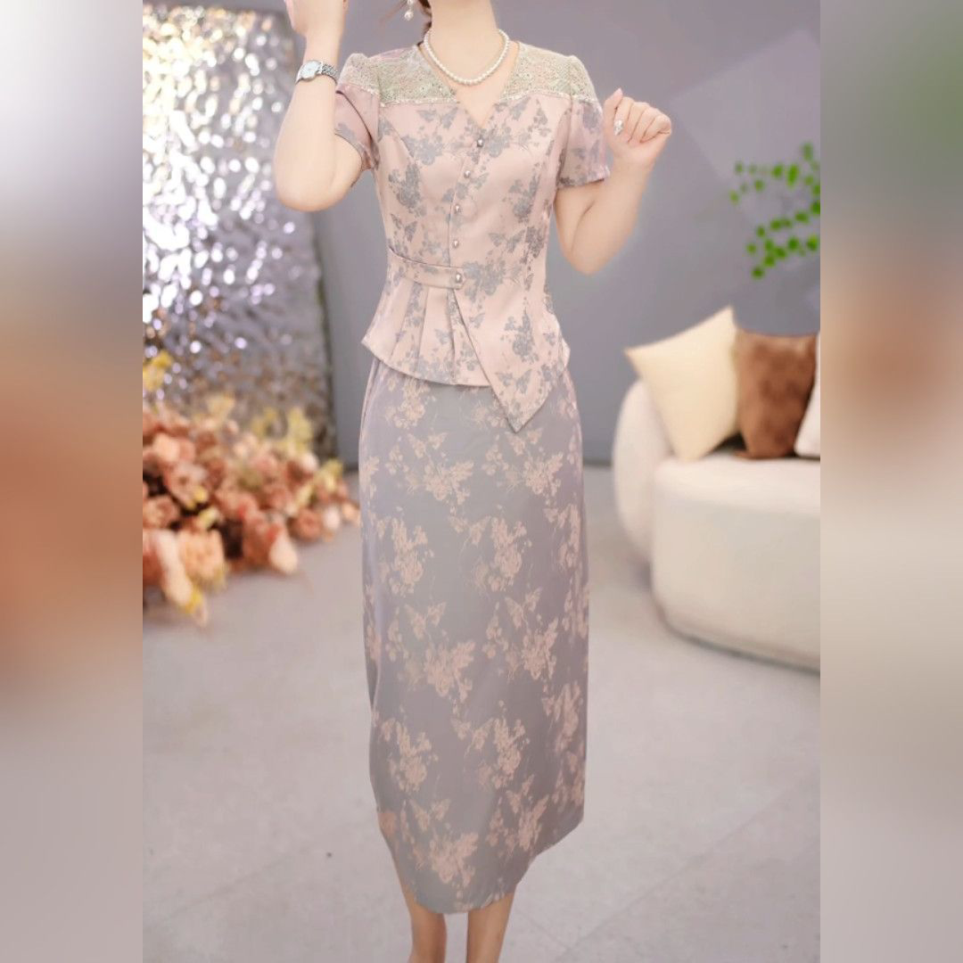 2026夏季上衣+半身裙国风提花时尚气质短袖修身显瘦套装裙M-4XL