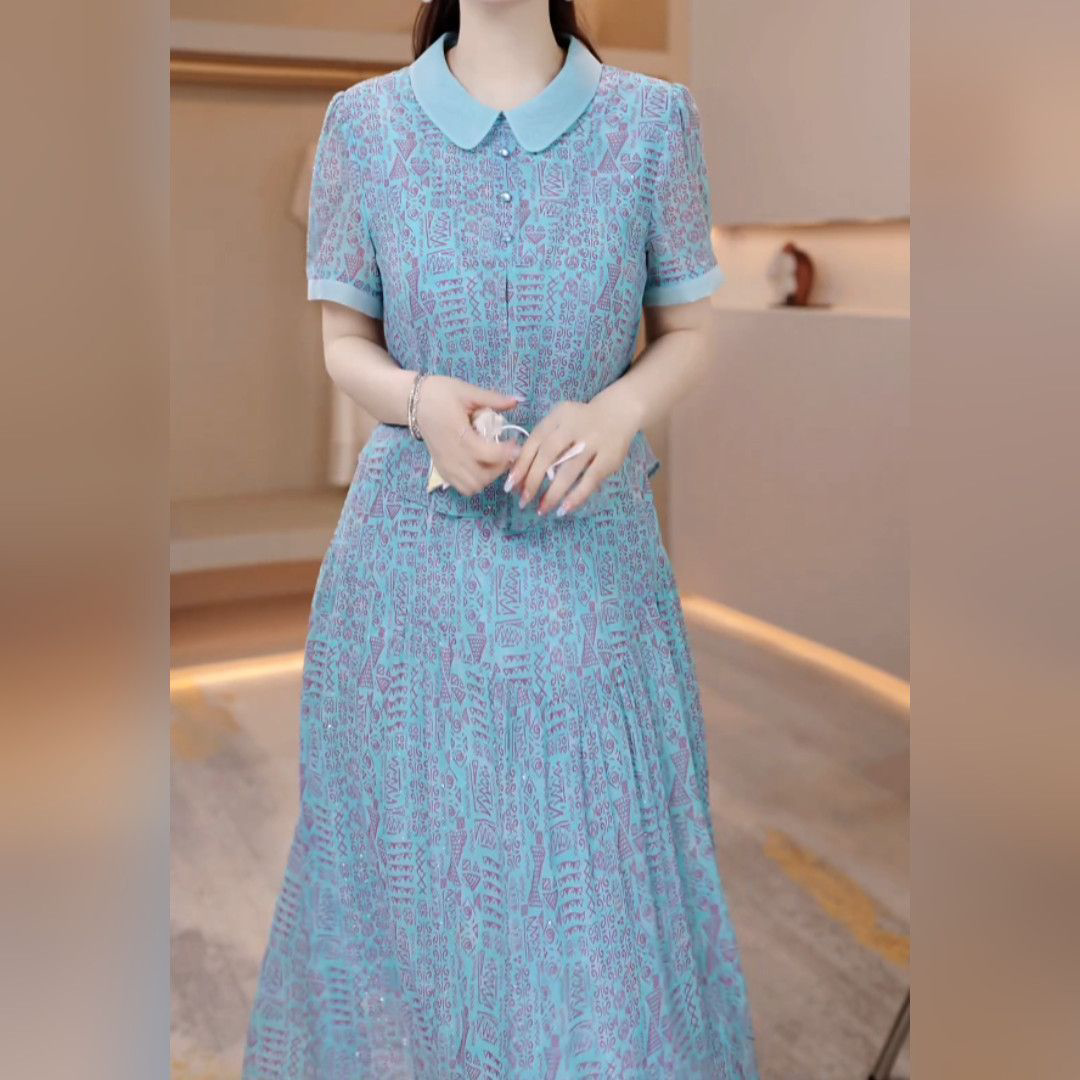 2026夏季新款妈妈假两件碎花裙子今年流行爆款娃娃领短袖连衣裙女
