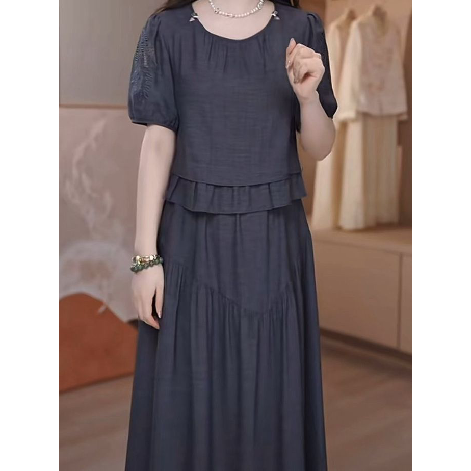 2026夏季时尚减龄显瘦遮肉中长款裙子气质云锦棉假两件套装连衣裙