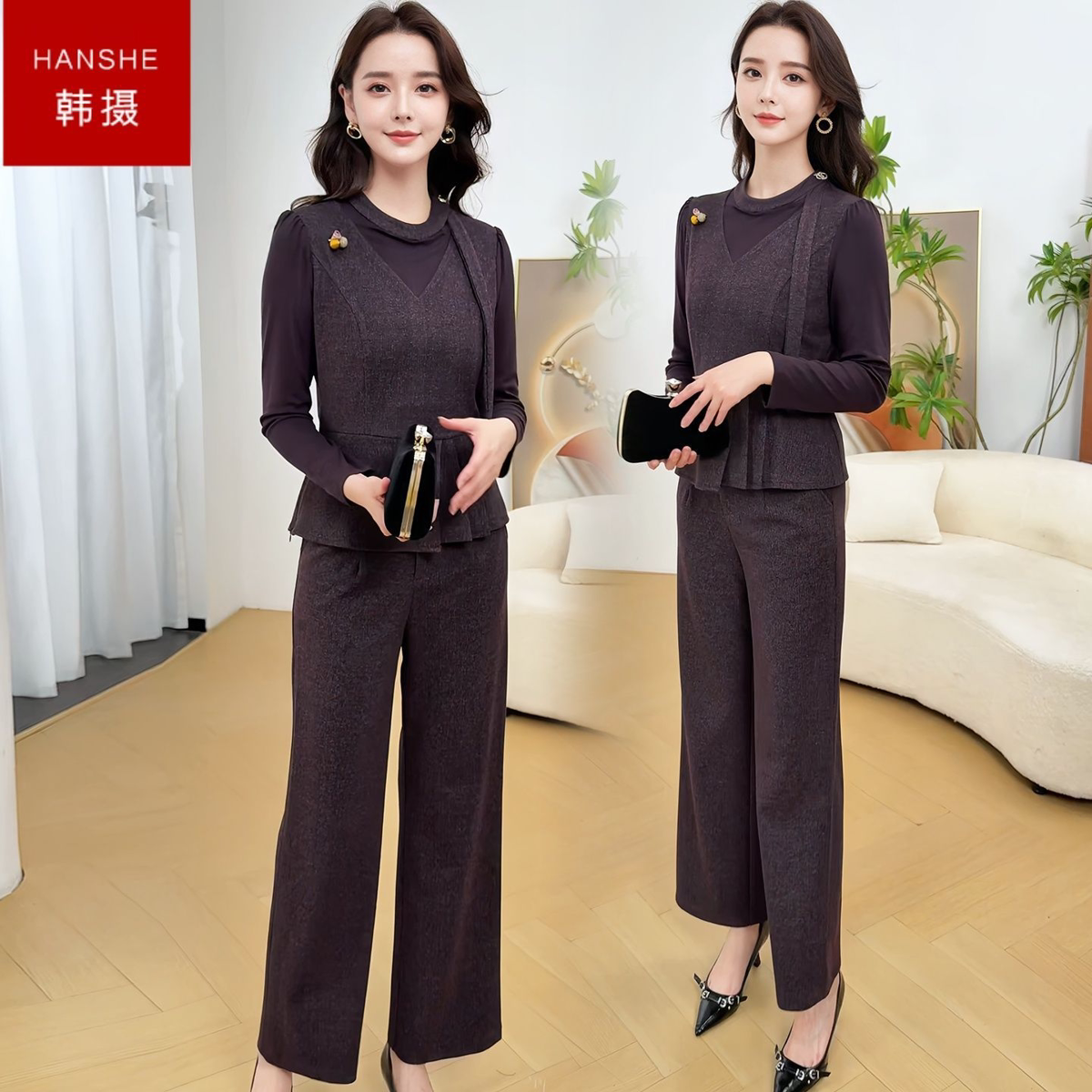 韩摄洋气妈妈休闲长袖半高领时尚套装2026秋上衣搭配阔腿裤两件套