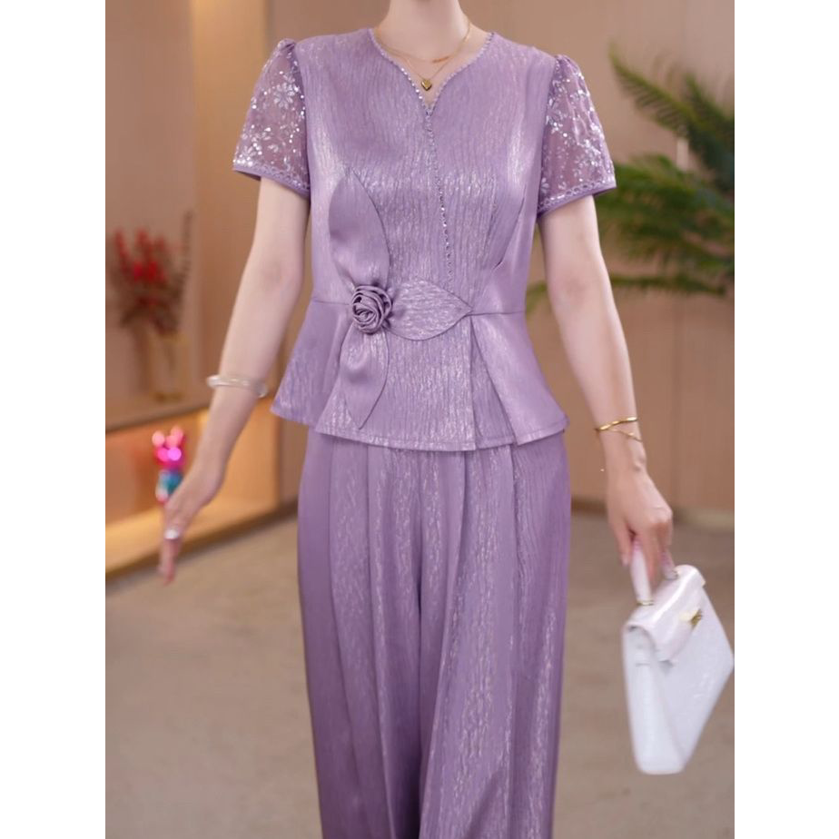 2026夏季新款冰丝缇花缎时尚套装洋气上衣裤子收腰显瘦两件套女