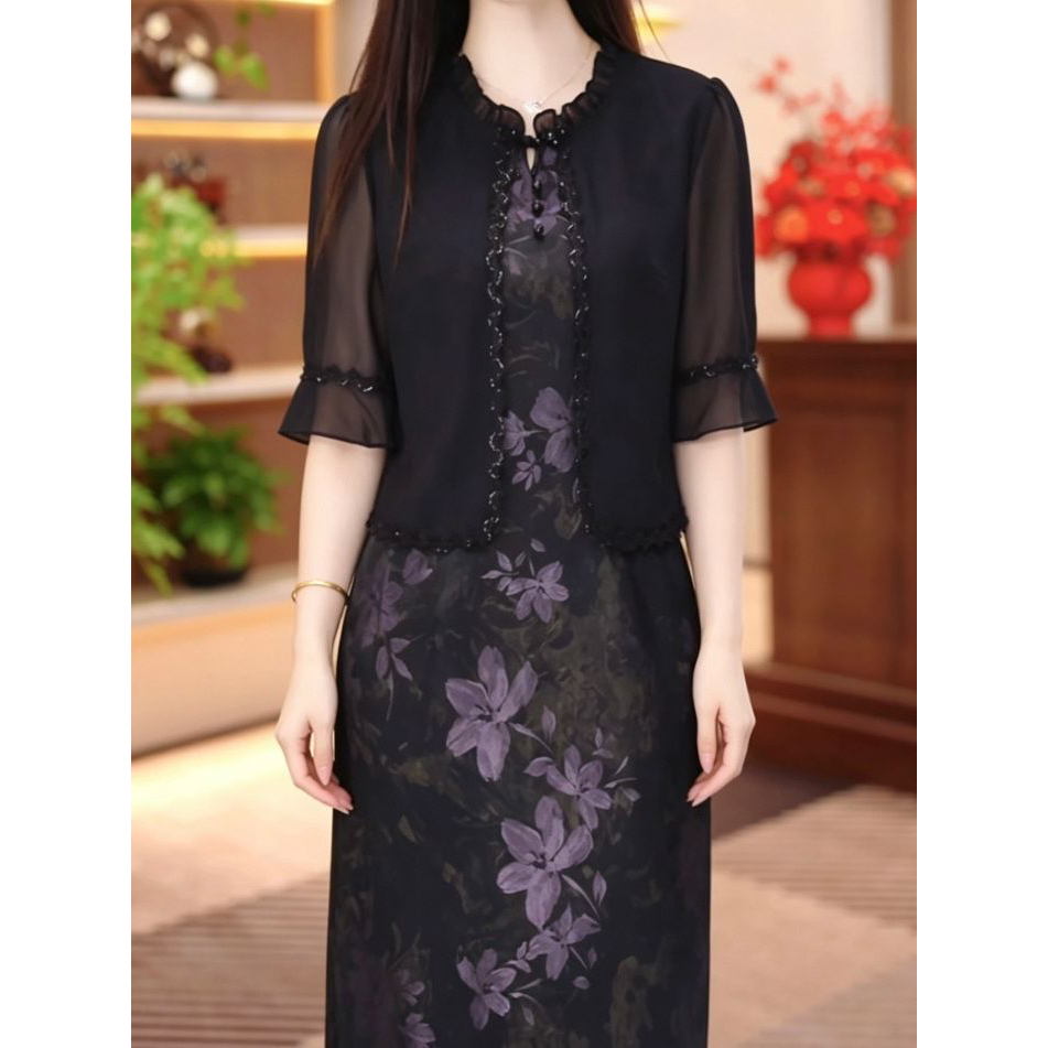 2026夏季新款裙子冰丝暗纹提花缎拼接水晶琉璃丝时尚假两件礼服裙