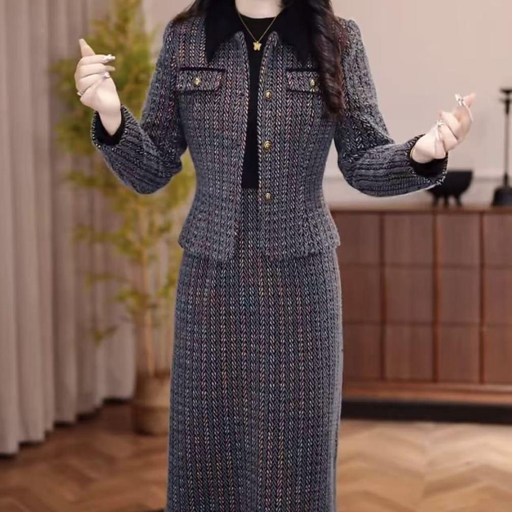 高级雪花绒彩色条纹洋气时尚礼服裙女2026秋冬新款上衣裙子两件套