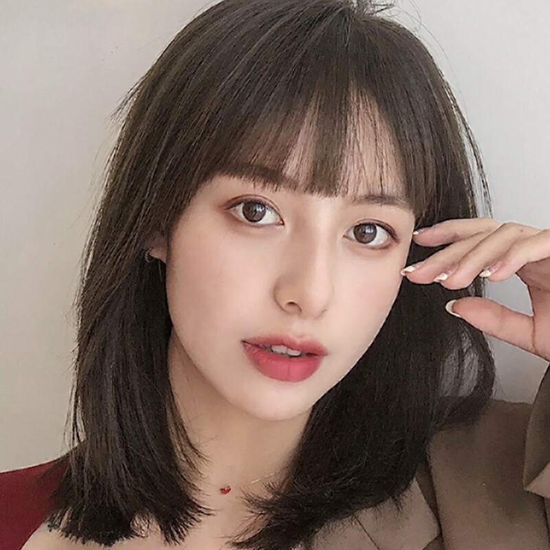 假发女中长发真发蓬松自然锁骨发真人发丝圆脸bobo头短发全头套式