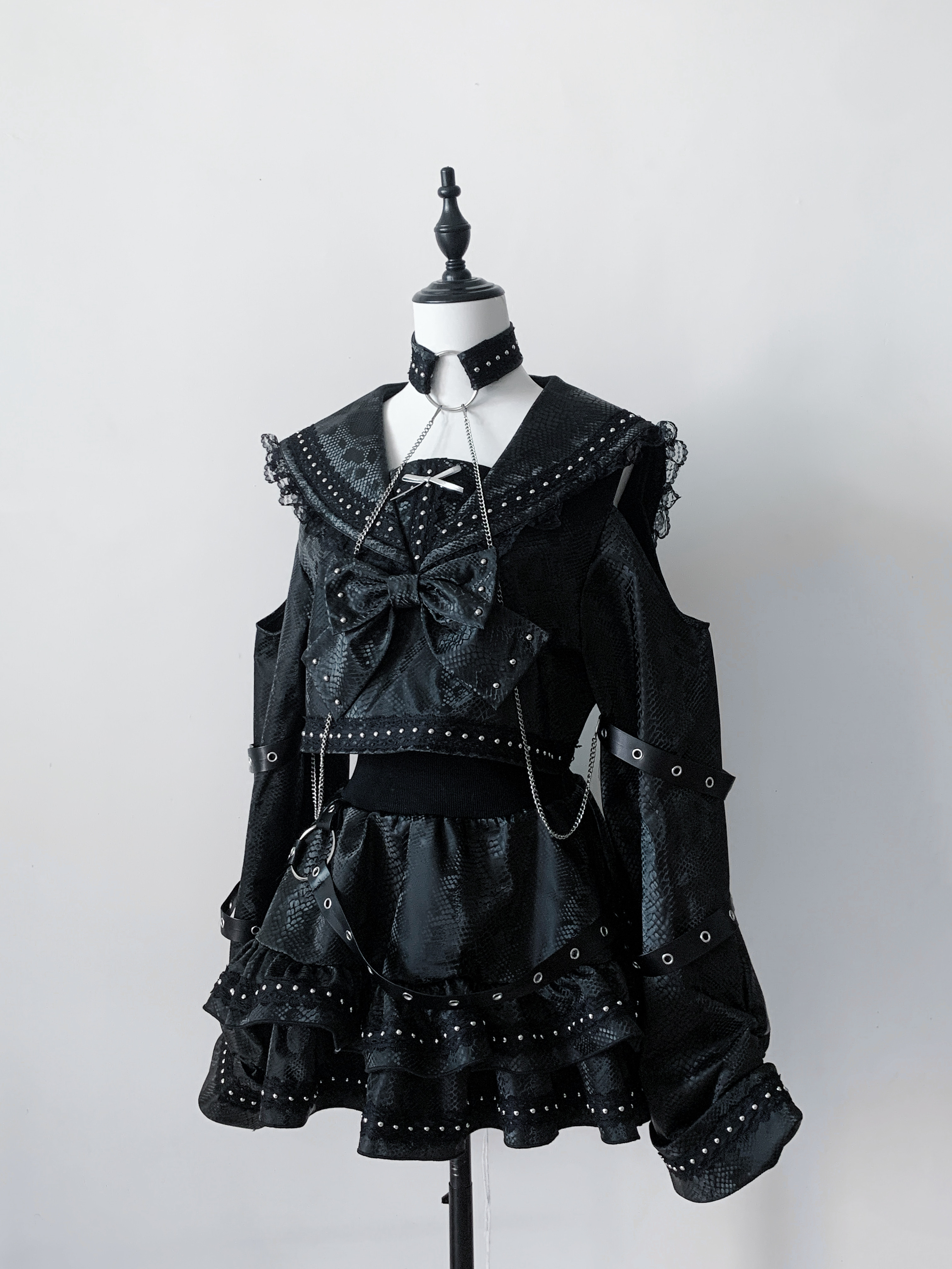 thumbnail for [Snake bite] original design subculture gothic suit set snake pattern handsome PU leather navy collar rivet two-dimensional
