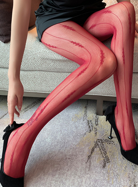 红色条纹连裤袜女超薄透明显瘦美腿丝袜性感辣妹渔网袜复古提花