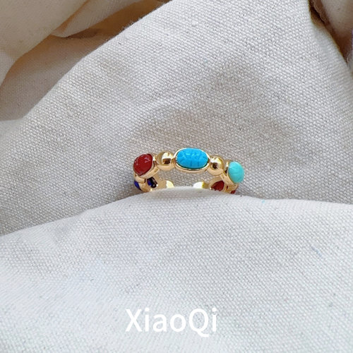 欧美法式中古轻奢个性指环小众天然珐琅彩色宝石百搭高级复古戒指