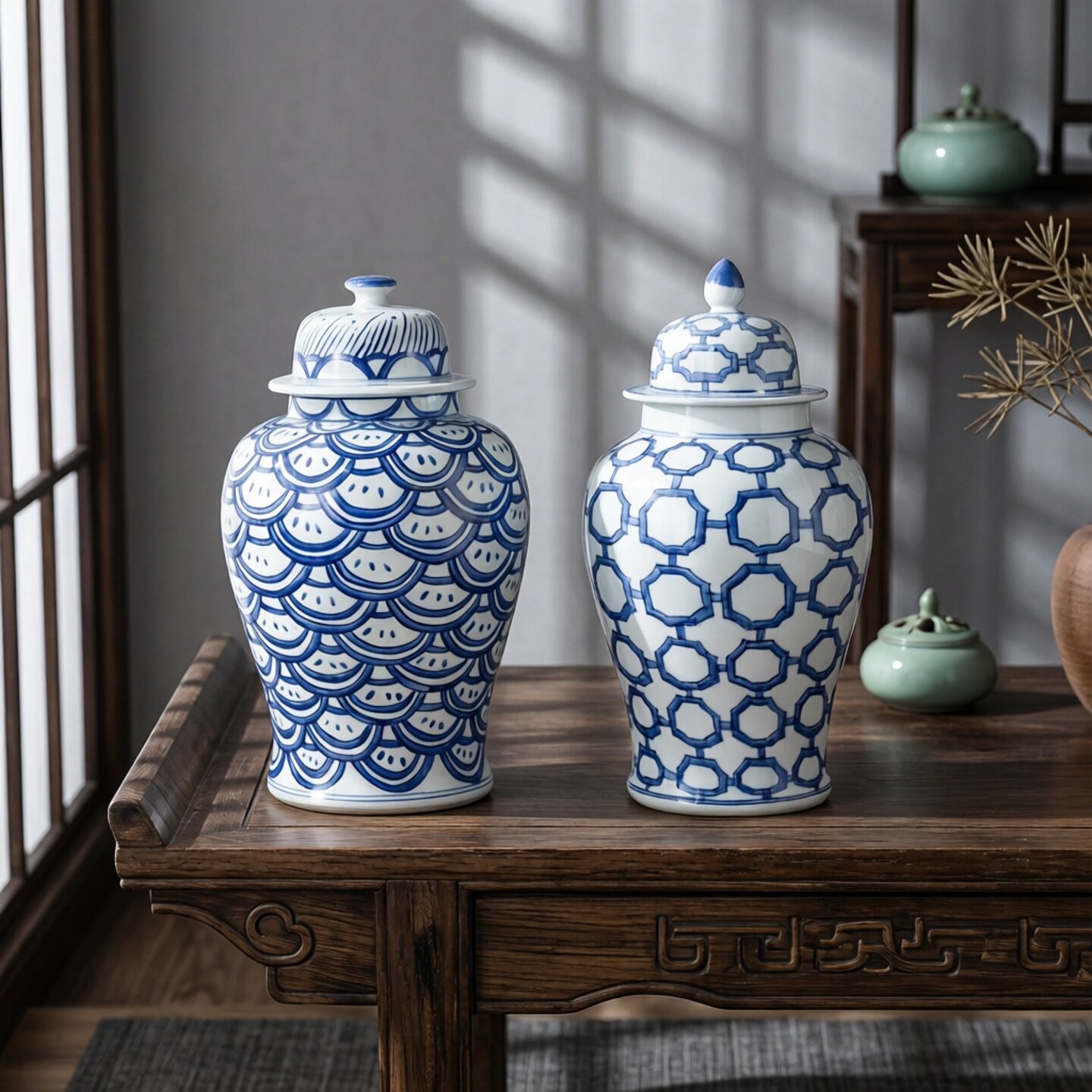 中式青花瓷罐装饰摆件客厅古典花瓶工艺品 陶瓷铜钱纹陶瓷将军罐