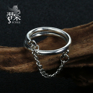 羿采潮人韩版挂链双环银戒指环小指尾戒子潮男女生个性配饰银戒子