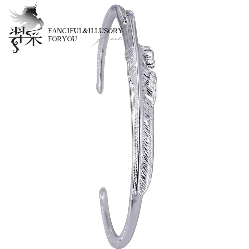 羿采日本设计潮人男生女生925银饰品银手镯印第安羽毛手环手饰品