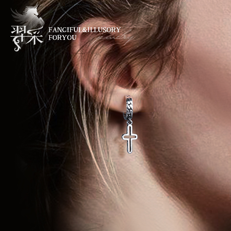 羿采个性男女空心十字架银耳扣