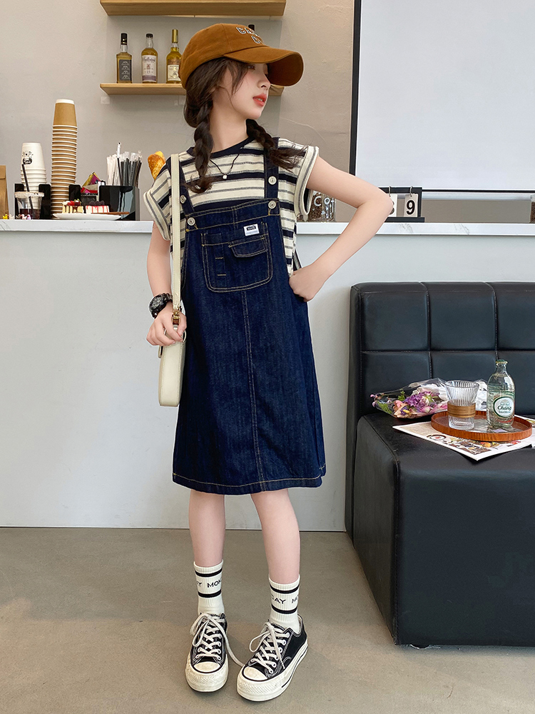 Girls denim strap skirt summer thin 2024 new fashionable children's dress medium and large children's suit two-piece set