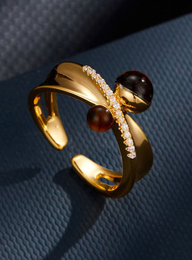 美拉德风简约虎眼石开口戒指经小众高级感可调节食指戒经典女指环