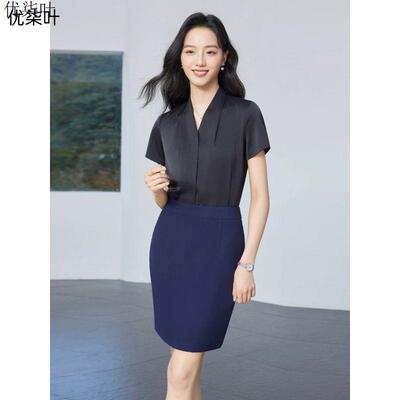 黑色缎面衬衫女2026新款美容院珠宝店正装工作服职业短袖衬衣套装