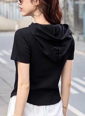 小个子短款连帽短袖t恤女2025夏季新款抽绳带帽修身体恤帽衫上衣