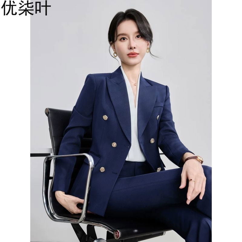百搭深蓝色西装套装女春秋轻奢双排扣职业商务正装面试工作服西服
