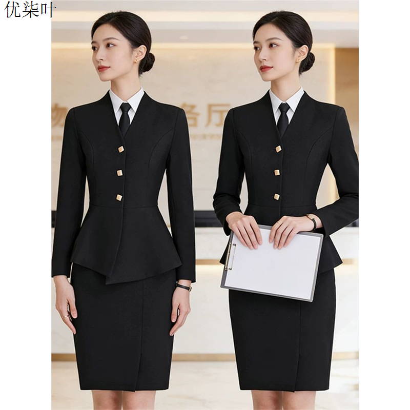 黑色西装外套女2025新款高级感修身物业客服职业正装前台工装套裙