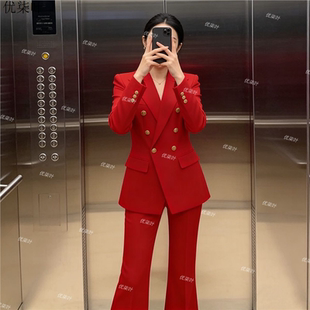 红色西装套装女春秋新款电视台主持人晚会礼服正装司仪职业装西服