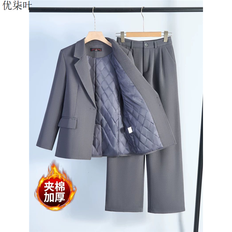 灰色西装套装女职业正装加厚夹棉2025新款小个子气质冬季西服外套