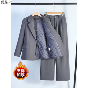 灰色西装套装女职业正装加厚夹棉2025新款小个子气质冬季西服外套