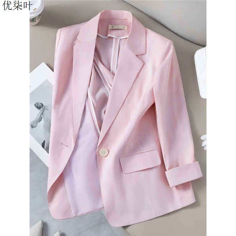 薄款粉色西装外套女夏季气质高级感天丝修身短款休闲小西服小个子图片