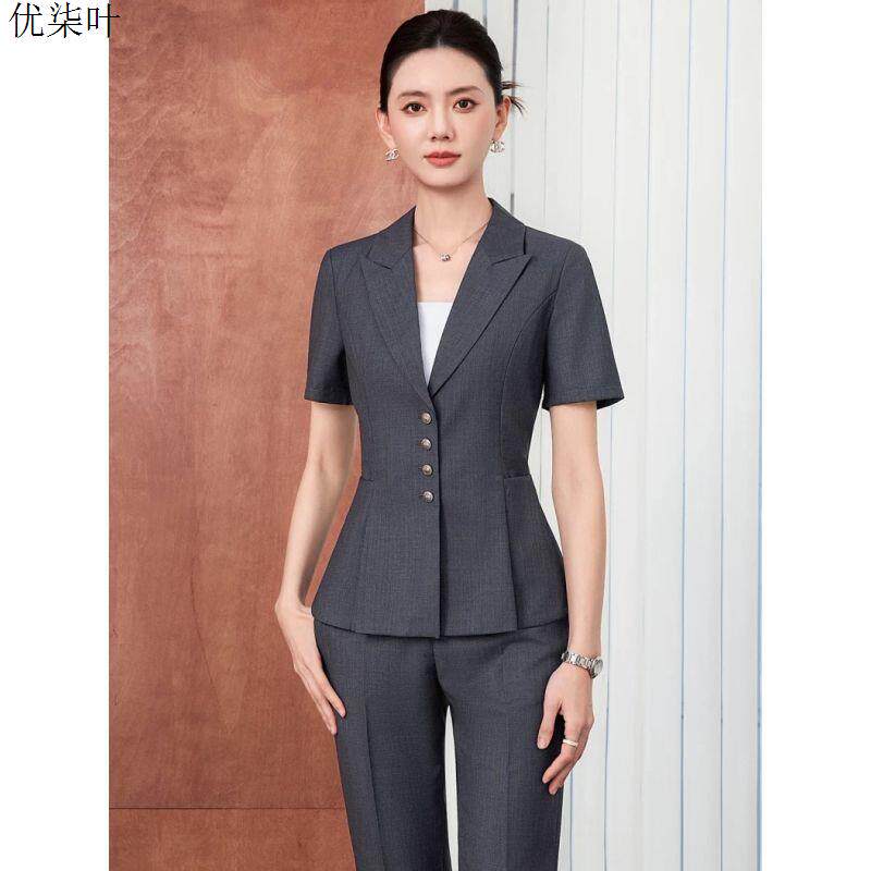 灰色西装套装女2026新款夏季OL气质通勤收腰职业短袖售楼部工作服