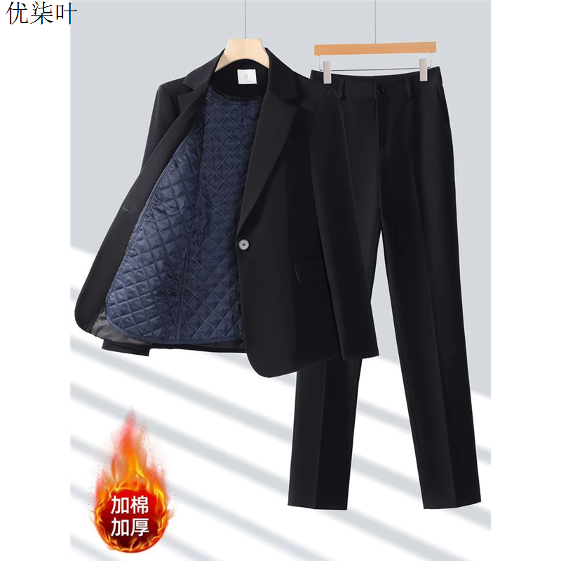 黑色夹棉西装套装女士职业正装大学生面试工作服加厚保暖西服外套