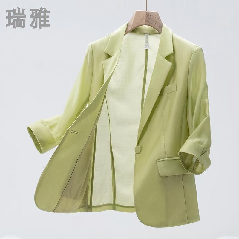绿色薄纱西装外套女夏季薄款天丝防晒上衣高级感七分袖休闲小西服