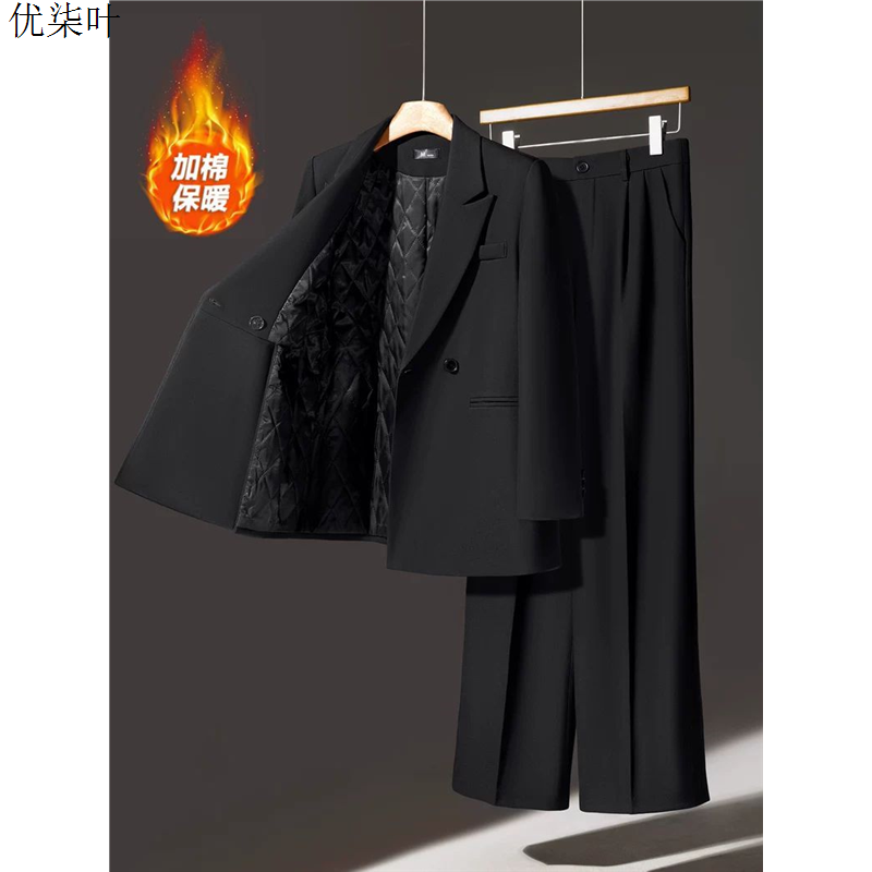 休闲黑色西装外套女加厚秋冬职业高级感气质加棉廓形宽松西服套装