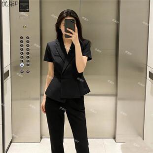 黑色短袖西装套装薄款美容院店长工作服高端酒店前台职业装