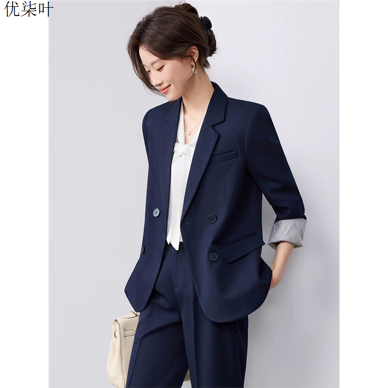 藏青色西装外套女2025新款休闲高级感双排扣面试正装女士西服套装