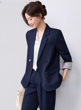 藏青色西装外套女2025新款休闲高级感双排扣面试正装女士西服套装