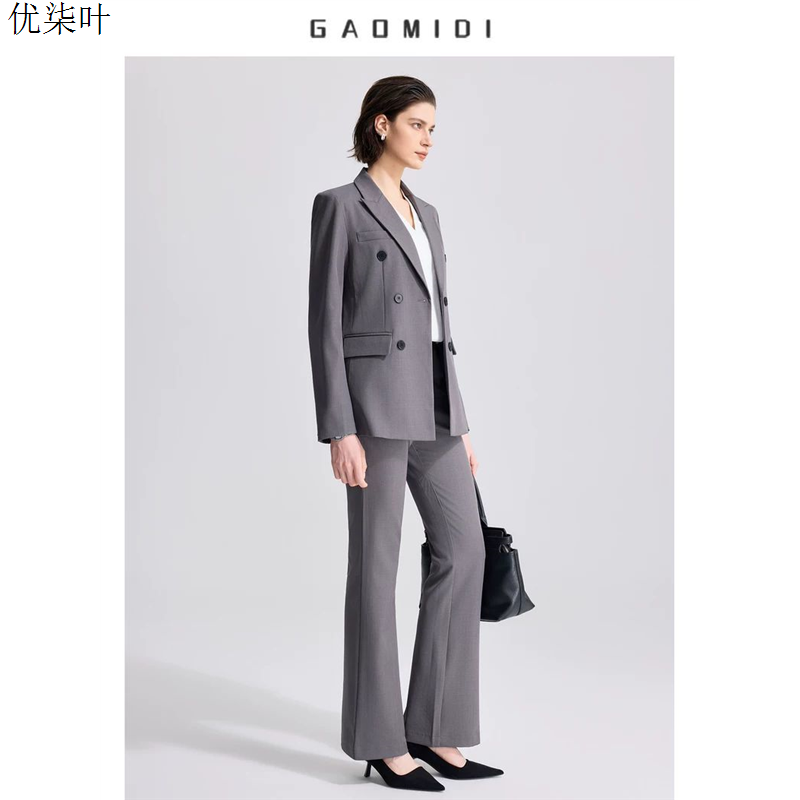 高级感灰色西装微喇裤套装女职业正装春秋正式场合双排扣西服外套