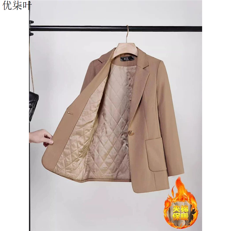 夹棉棕色西装外套女秋冬季新款加厚保暖小个子上衣加棉休闲小西服