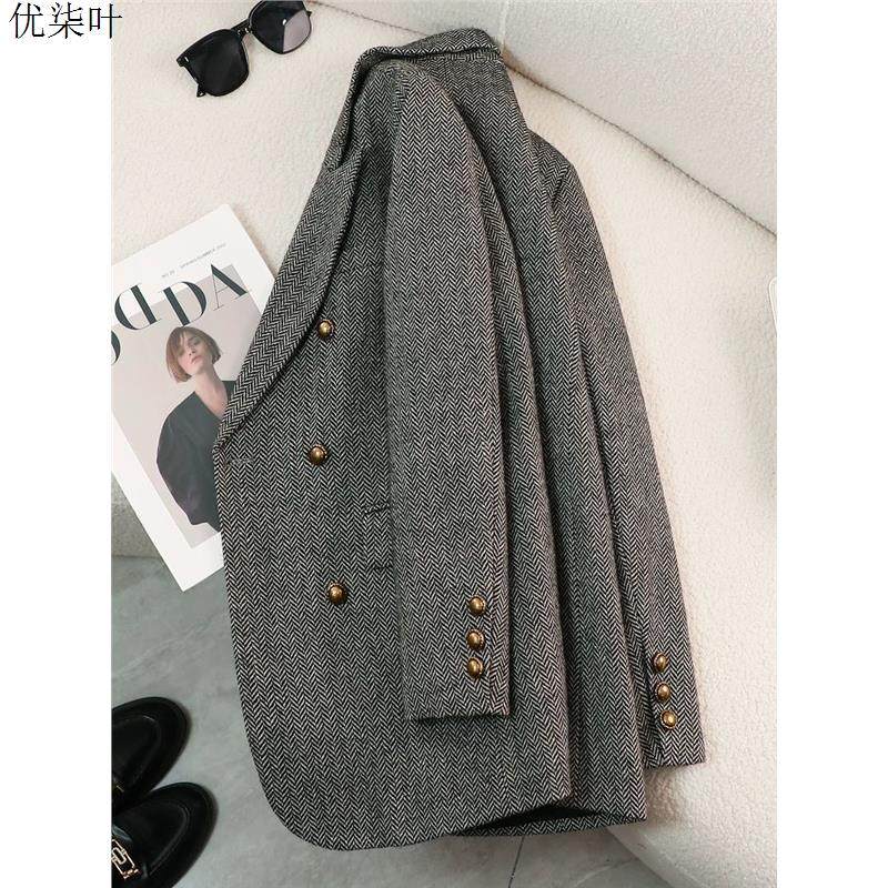 灰色毛呢西装外套女休闲复古冬季2025新款高级感夹棉加厚呢子西服