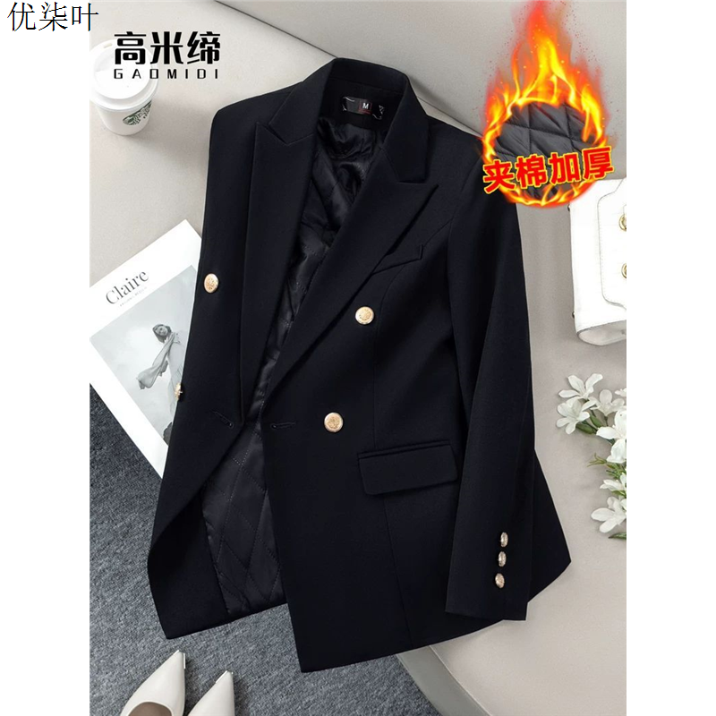 黑色加棉西装外套女加厚秋冬季高级感面试正装通勤工作服职业装