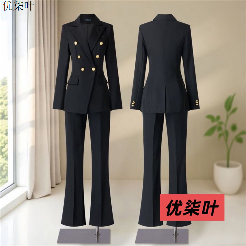 高级感黑色西装套装女士春秋冬新款简约通勤美容院酒店前台工作服