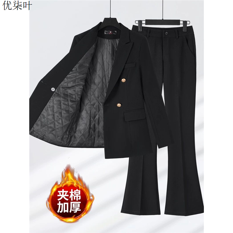 黑色西装套装女夹棉加厚冬季2025新款大学生面试职业正装西服外套