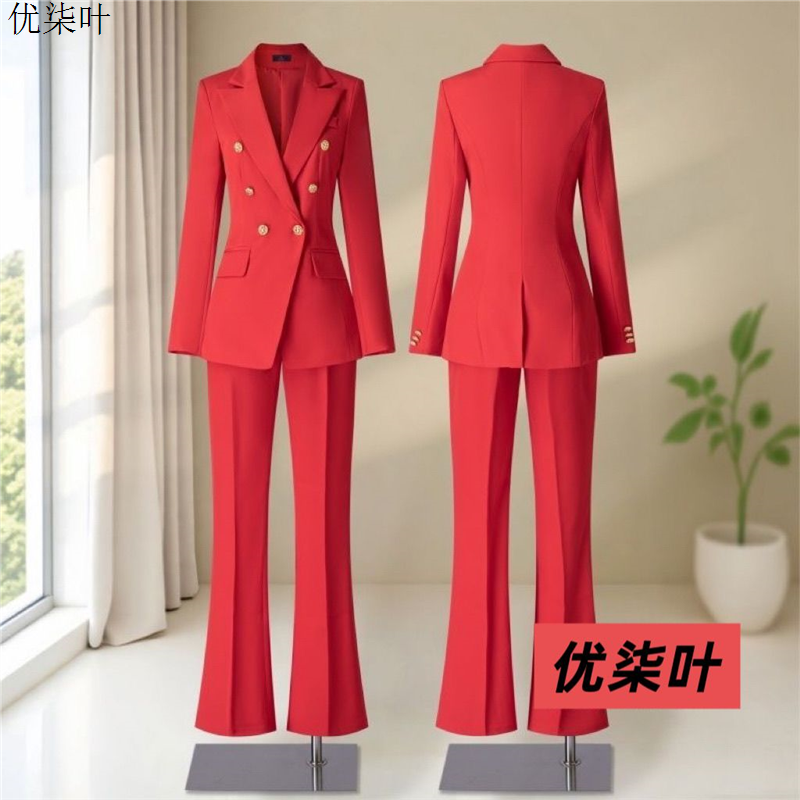高级感红色西装套装女士春秋冬新款简约通勤美容院酒店前台工作服