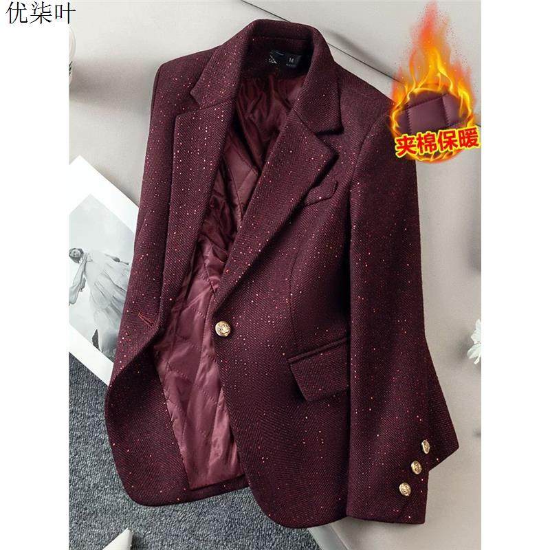 高级感加厚毛呢西装外套女冬季小个子高端气质复古酒红色夹棉西服
