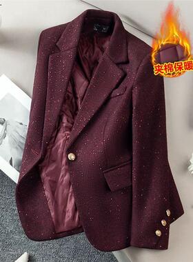 高级感加厚毛呢西装外套女冬季小个子高端气质复古酒红色夹棉西服